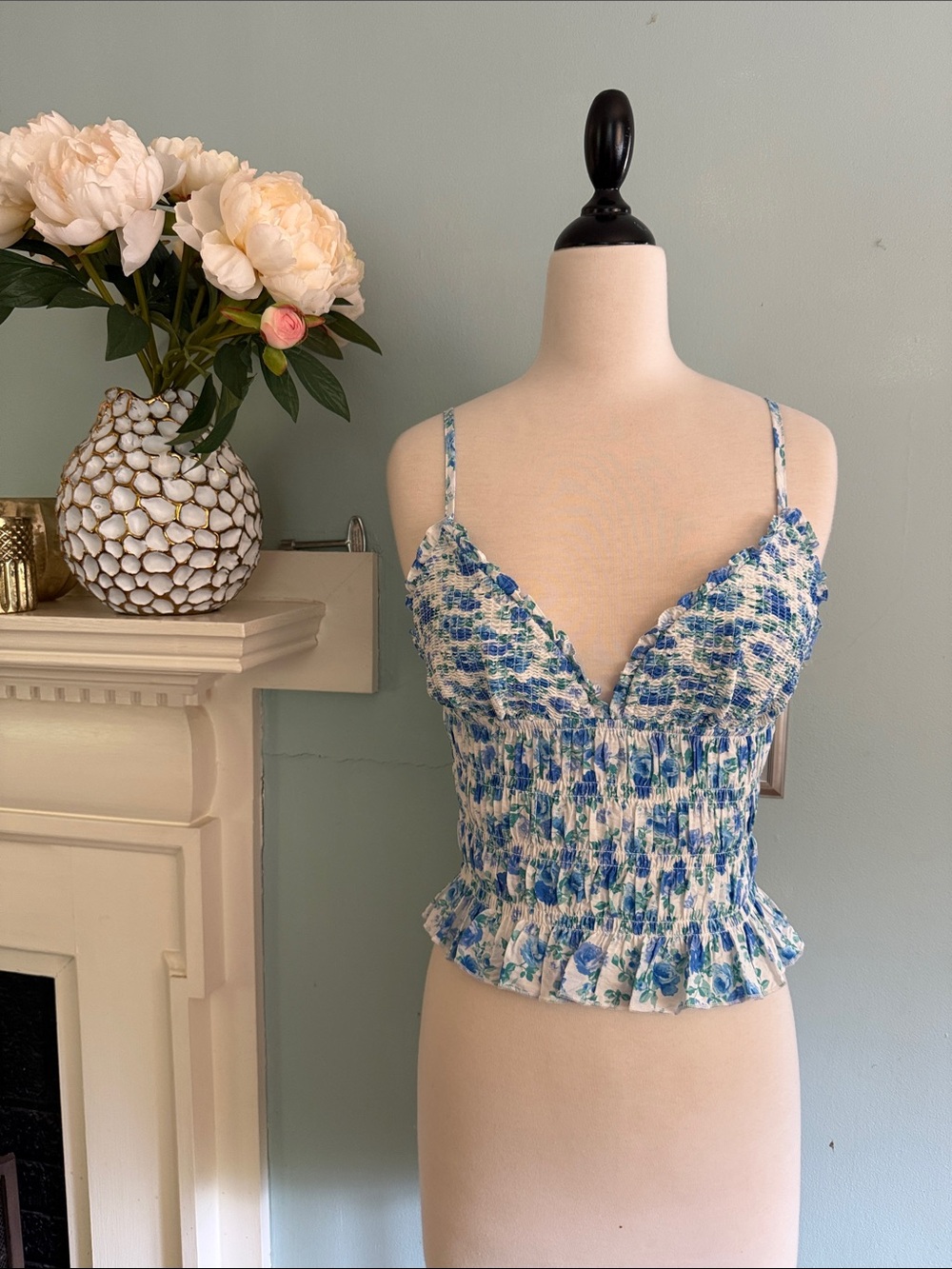 Blue Floral Smocked Cami Top - Size M - NWT